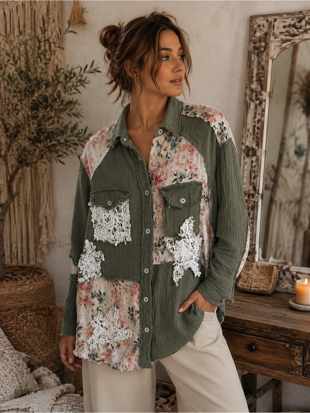222🌟 Boho Mineral-Washed Floral Patchwork Utility Shirt – Size Medium